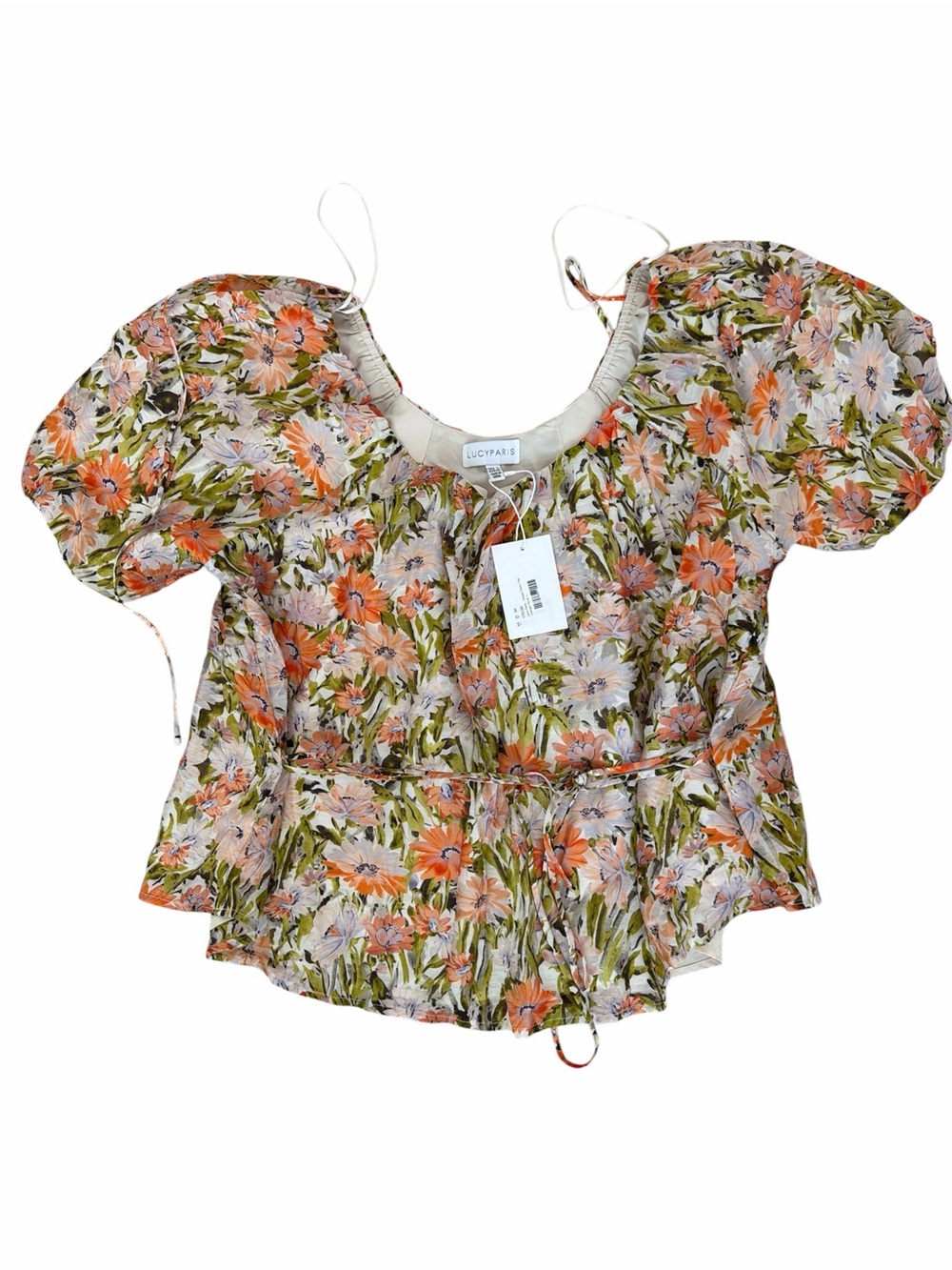 Lucy Paris Floral Puff Sleeve Peplum Top - Olive Green, Peach & Cream